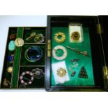 Victorian black leather jewellery box containing a small quantity of various costume jewellery