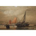 William Edward Croxford, watercolour, beach scene with figures and fishing boats, signed, 53cms x