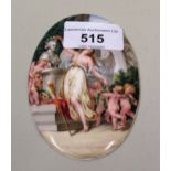 Oval hand painted porcelain plaque, classical scene with figure and cherubs, 10cms x 7cms