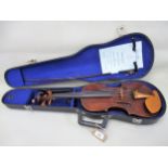 19th Century violin with 14in back, the bridge by W.E. Hill & sons, in a fitted case with bow