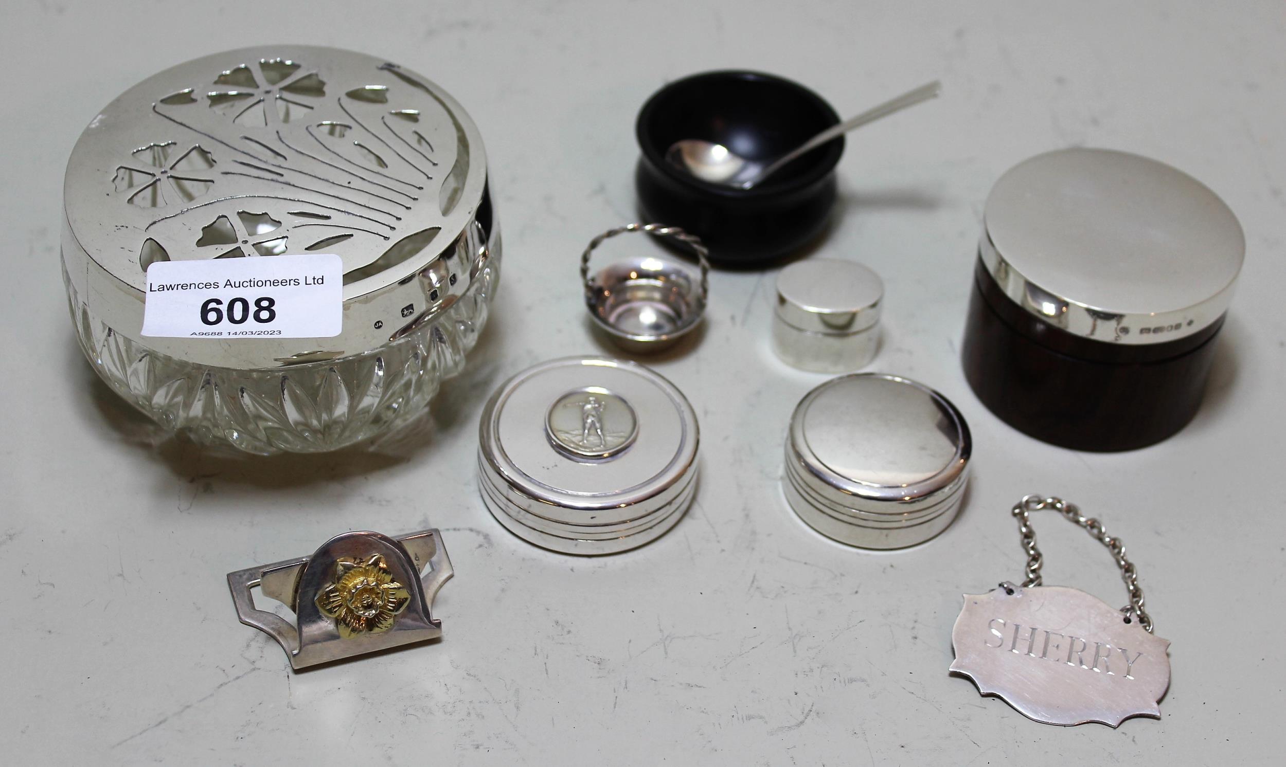 Joan Andrew (local silversmith) group of five various silver and silver mounted boxes, a menu