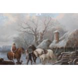 After A.D. Leeuw, large over-printed, print winter scene, with figures, horses and thatched