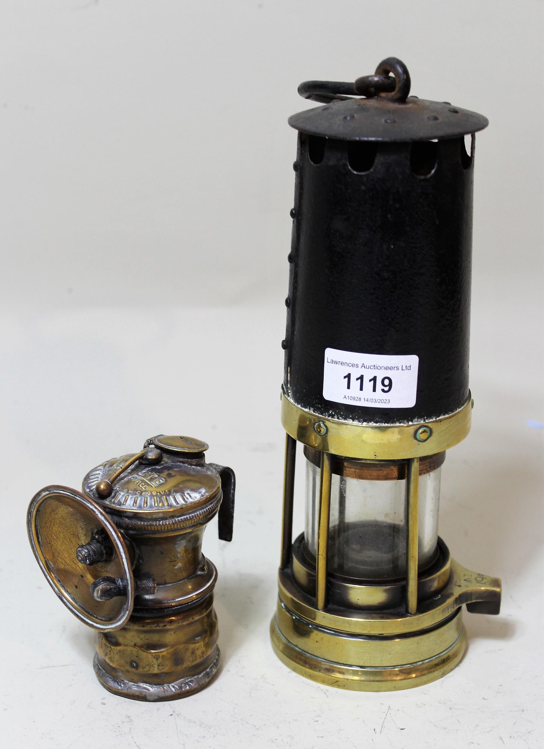 Antique brass and metal miners safety lamp, together with a small American brass lamp