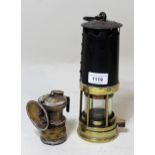 Antique brass and metal miners safety lamp, together with a small American brass lamp