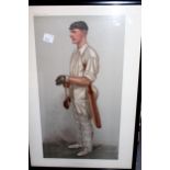 Three Vanity Fair spy prints of cricketers, together with four framed photographs of military