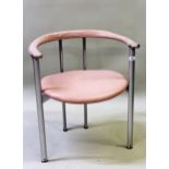 B & B Italia, set of four pink leather upholstered and metal bow back dining chairs