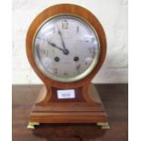 Edwardian mahogany and line inlaid balloon shaped mantel clock, the silvered dial with Arabic