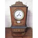 19th Century rosewood and cut brass inlaid mantel clock, the circular enamel dial with Arabic