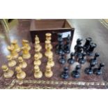 Staunton pattern mahogany cased ebony and boxwood chess set, (at fault) Height of king - 5.5cm