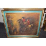 Pair of large textured coloured prints, figures on horseback and study of a bird, in green and