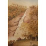 19th Century English school, watercolour, figures viewing a mountain waterfall, a stag to the