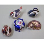 Group of four Royal Crown Derby paperweights, three in the form of birds, one in the form of a