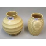 Wedgwood yellow ribbed vase, small yellow football vase, both by Keith Murray (some restoration)