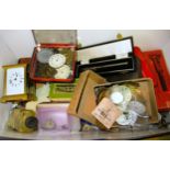 Box containing a large quantity of various pocket watch parts and tools, also including a carriage