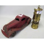 Tin plate clockwork Mystery car (at fault) and a miniature brass miners lamp by Hockley Lamp &