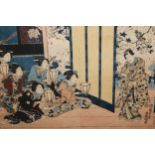 Folder of unframed Japanese woodblock prints, interior scenes, portrait and other scenes, larges