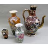 Satsuma pottery wine jug (with damages), together with two other Japanese vases and a Chinese vase