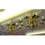 Pair of large reproduction Dutch style brass, eight branch chandeliers 70cm diameter x 60cm high