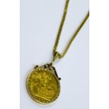 Full gold sovereign dated 1897 housed in 9ct gold mount, on a 9ct gold chain, 17.6g