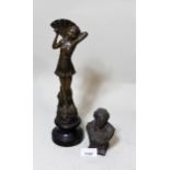 Small patinated metal bust of Shakespeare, together with a 1920's spelter figure of a lady holding a