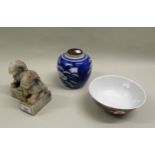 Small 20th Century Canton Medallion bowl, 16cms diameter together with a blue and white prunus