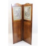 Early 20th Century mahogany two fold draught screen, inset with woolwork panels of London scenes,