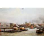 H. Medlycott, 19th Century watercolour, barges on the Thames with the Tower of London in the