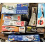 Box containing nine unmade model Aircraft kits, including Airfix etc.