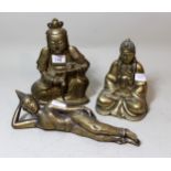 Two bronze Buddha figures, together with a brass Buddha figure Its painted glass, but has been
