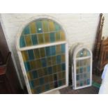 Pair of large crittall framed, leaded coloured glass arched top window panels, 160cms x 92cms,