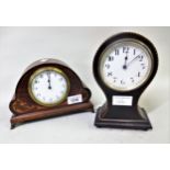 Small Edwardian mahogany and marquetry inlaid mantel clock with enamel dial and Arabic numerals,