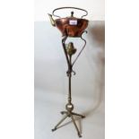 W.A.S. Benson, brass and copper spirit kettle on a stylised stand Stand is in good condition, just