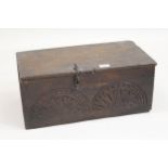 Small 17th Century oak bible box, the chip carved plank lid above a carved plank front (damages