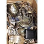 Box containing a quantity of various silver plated items, including a two-handled trophy cup,