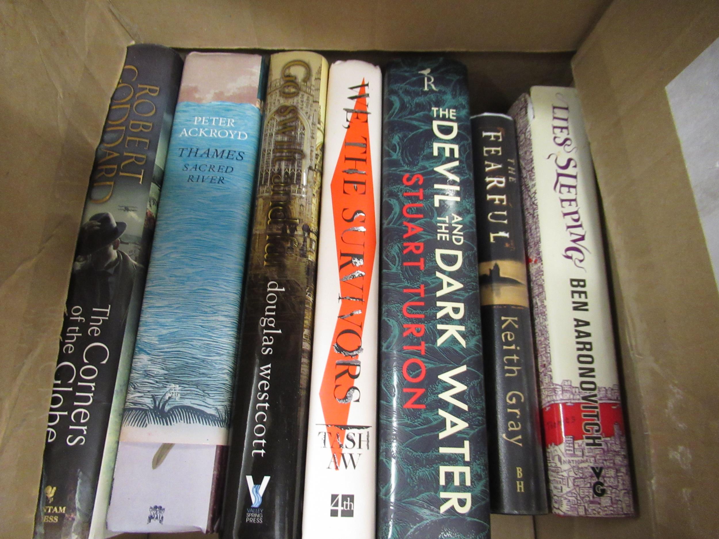 Box containing a quantity of hardback novels, some First Editions, including Robert Goddard,