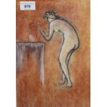 Charcoal and coloured chalk drawing, female figure tending a vase of flowers, 33cms x 21cms In