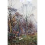 H.C. Fox, watercolour titled ' Littleton Wood ', young girl with ducks, signed and dated 1886, 49cms