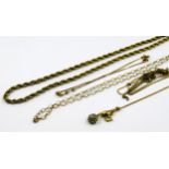 Two 9ct gold neck chains, 9ct gold bracelet and another two chains, one with pendant (at fault), 13g