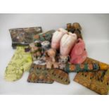 Box containing a quantity of various Liberty printed fabric figures of animals, purses and other