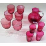 19th Century cranberry glass jug and ten various glasses