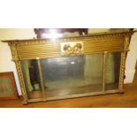 Regency gilt triple plate overmantel mirror, the ball pattern cornice above a decorative frieze