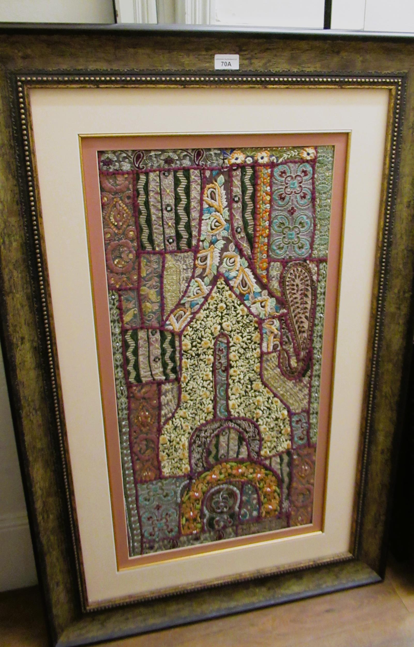 Framed Indian silkwork and textile picture, 80cms x 40cms together with an unframed panel