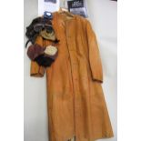 1930's / 40's Three quarter length collarless tan leather flying jacket, together with flying hat,