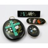 Oval Pietra Dura black hardstone pendant, together with three small Pietra Dura brooches