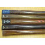 Group of five Peradon & Fletcher snooker cues including the John Parrott Champion cue, three The