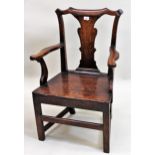 Small 18th Century oak open armchair with a vase shaped splat back, panel seat and square cut