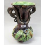 Large Portuguese Palissy style vase, the handle in the form of a snake, relief decorated with
