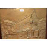 Rectangular oak framed embossed brass plaque ' Hotel des Familles ', 34cms x 46cms