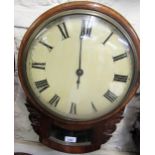 19th Century mahogany circular drop dial wall clock, the painted 12in convex dial with Roman