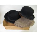 Gentleman's bowler hat, black trilby hat, flat cap, quantity of kid leather gloves, pair of spats,